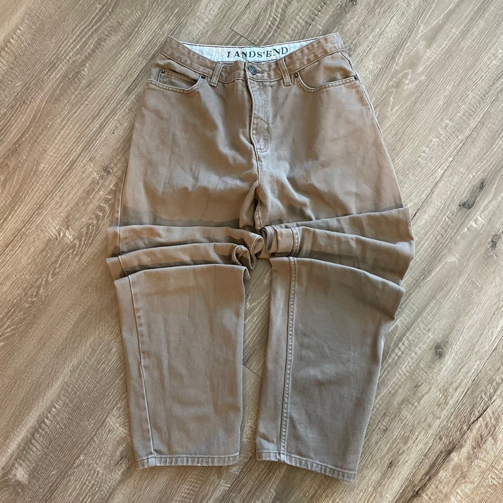 Lands End Fit 3 Khaki Tan Straight Leg Pants Womens 10 High Rise Cotton Twill